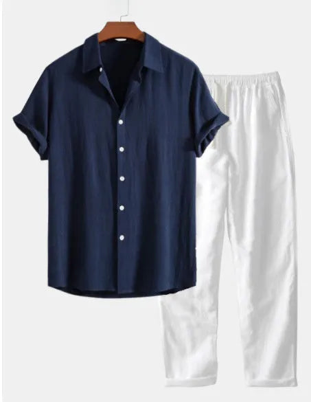 Men's casual short sleeve cotton linen suit set in navy blue with matching glasses, shoes and watch accessories