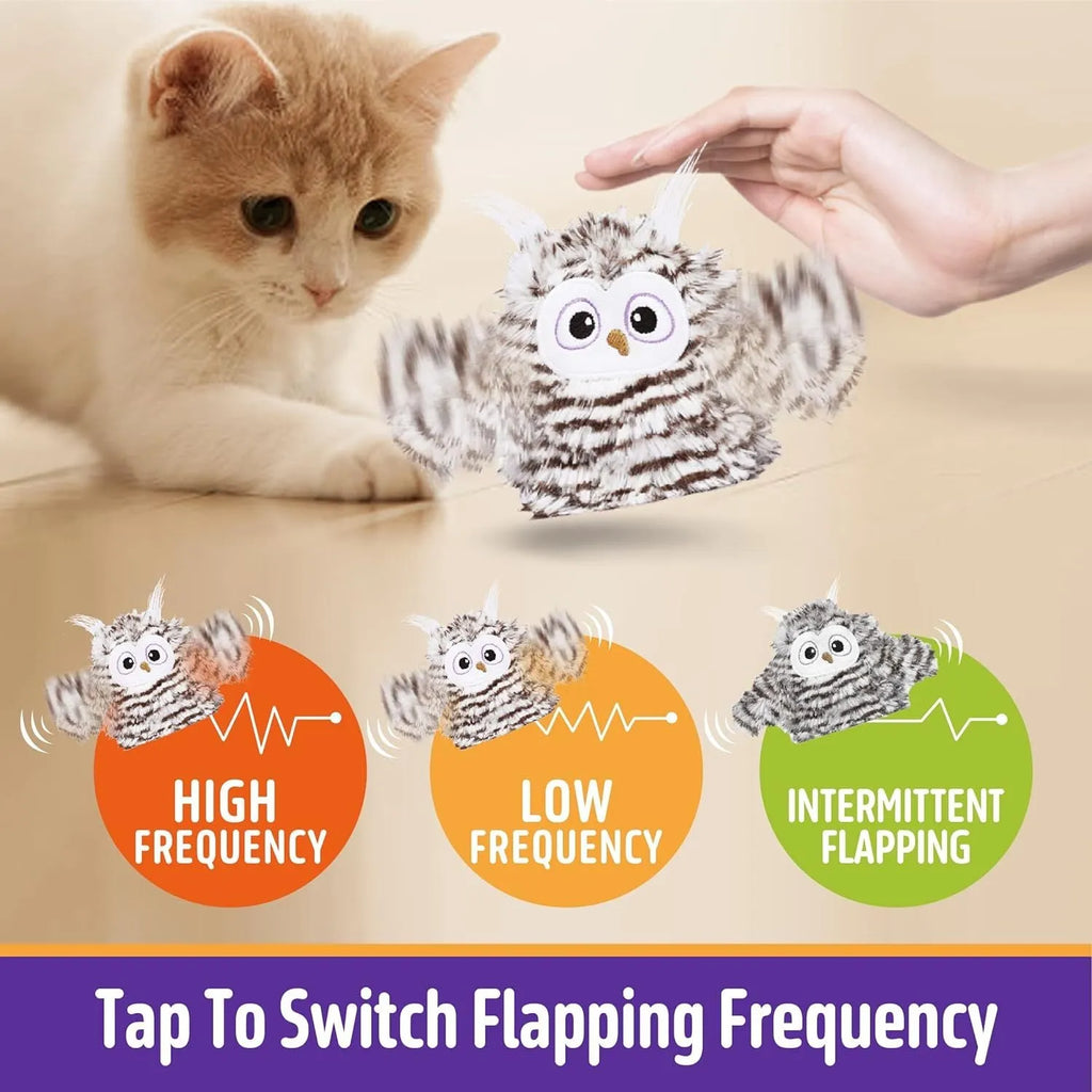 Grey automatic chirping owl cat toy with beating wings, 10x14cm with catnip