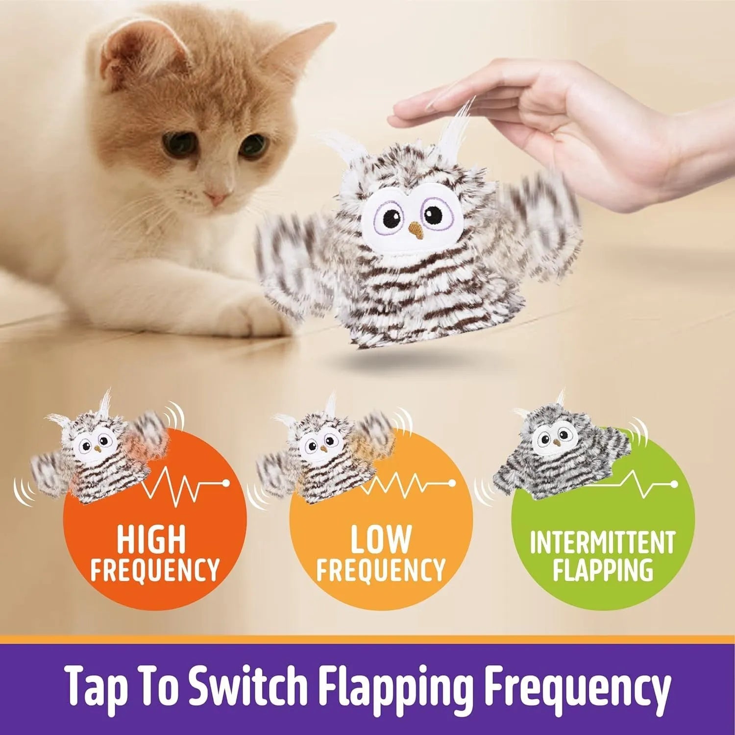 Grey automatic chirping owl cat toy with beating wings, 10x14cm with catnip