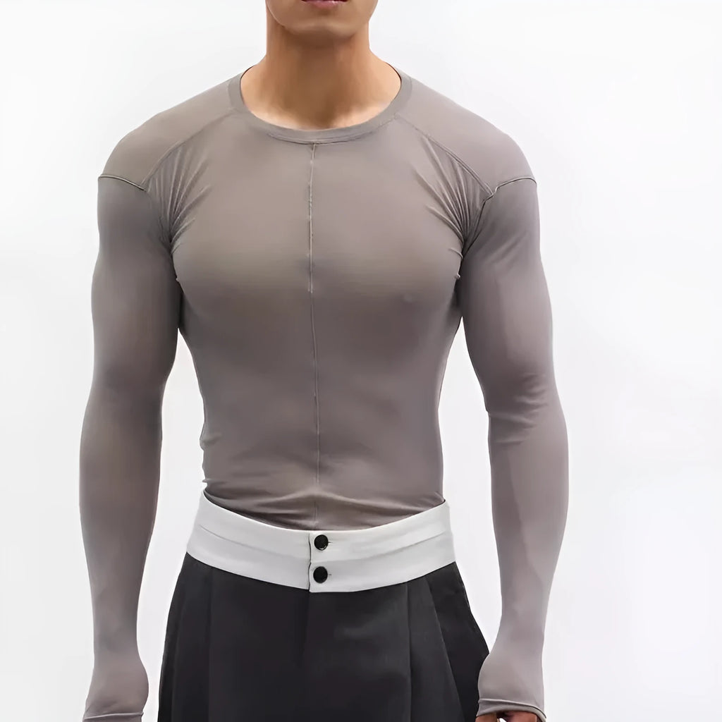 Black slim-fit long sleeve pullover with a mesh see-through texture and round collar.