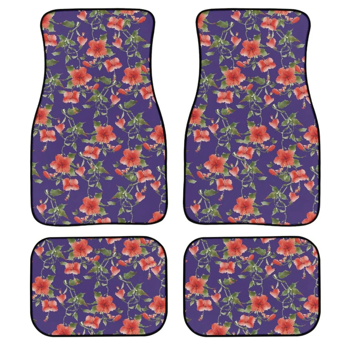 Black printed rubber car floor mats, four-piece set showing textured surface and 20mm thickness.