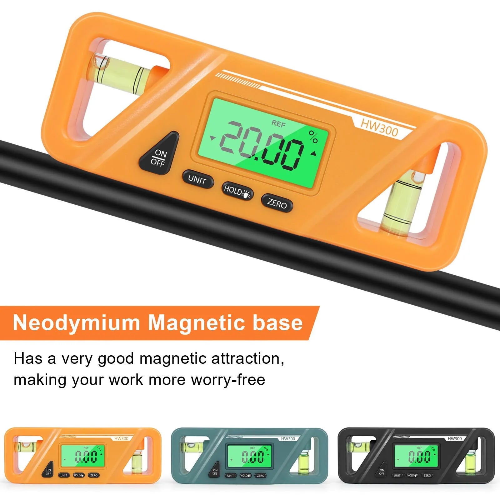 Black digital inclinometer level meter with magnetic base and LCD display showing angle measurement.
