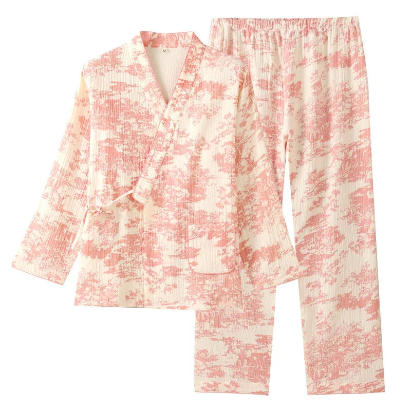 Pure cotton gauze ladies' long sleeve trousers suit in frosted pine trees colour