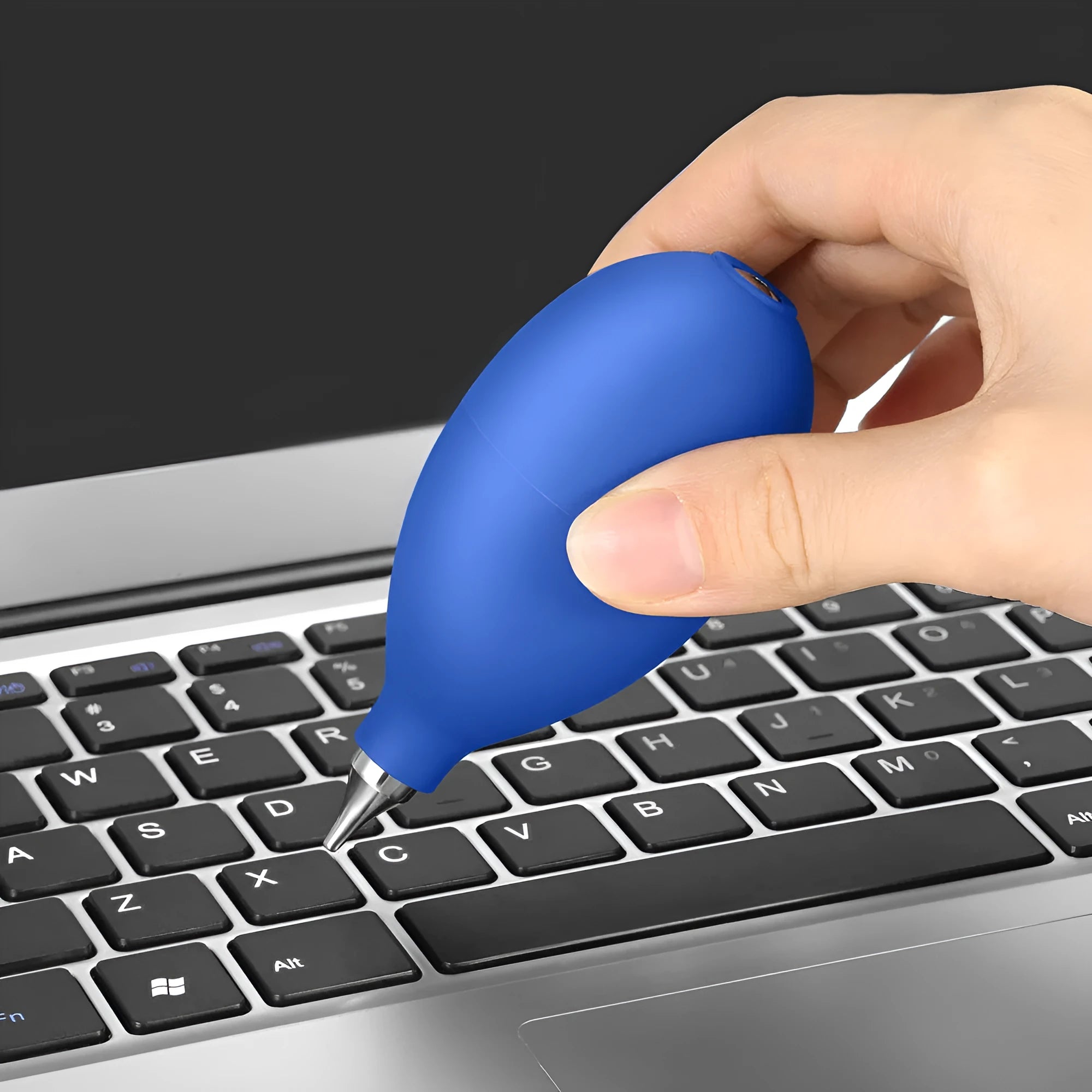 Blue rubber air blowing cleaning tool for camera lenses and mobile phones measuring 9.5 centimetres