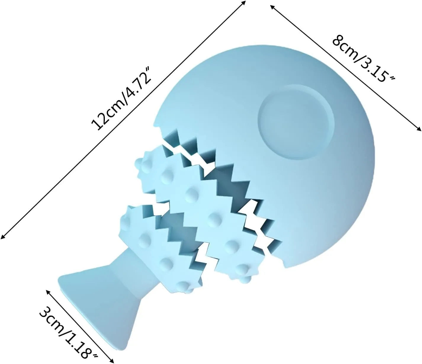 Blue rubber dog chew toy shaped like a fish bone with a hole for treats