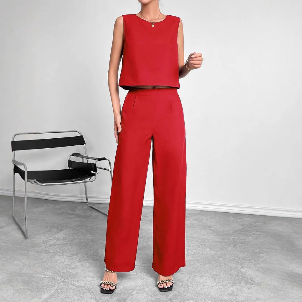 Red round neck sleeveless top and wide leg pants two-piece set
