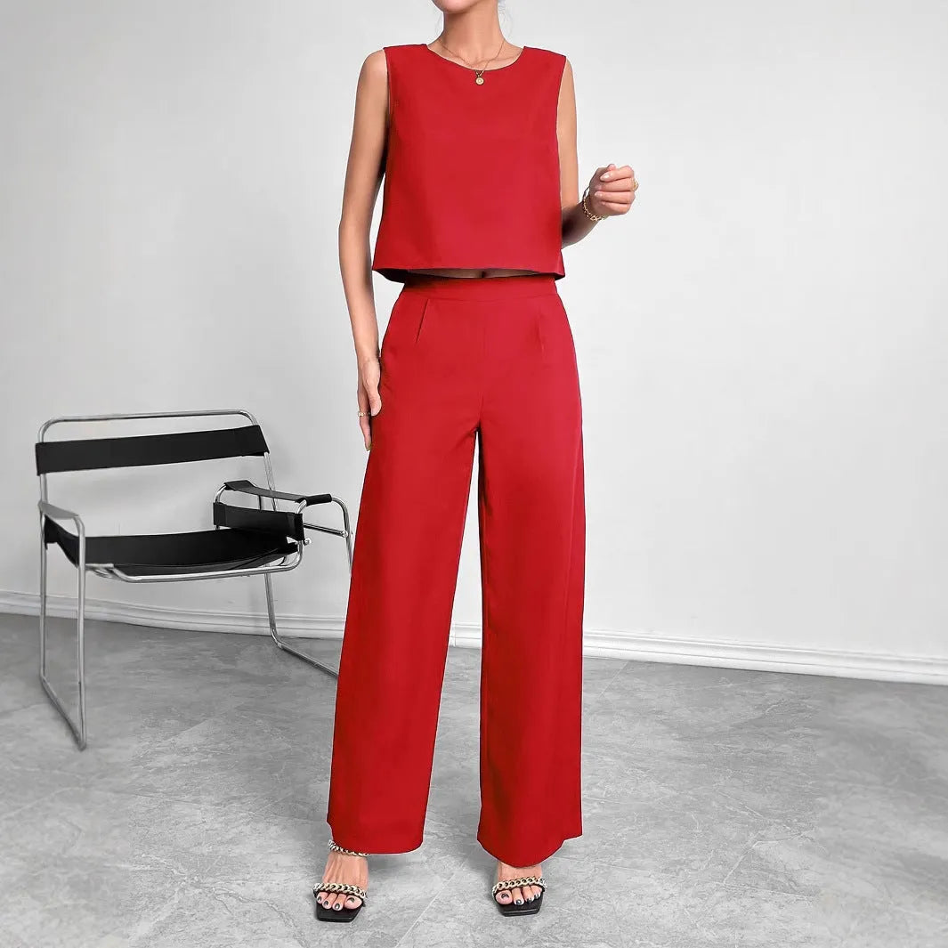 Red round neck sleeveless top and wide leg pants two-piece set