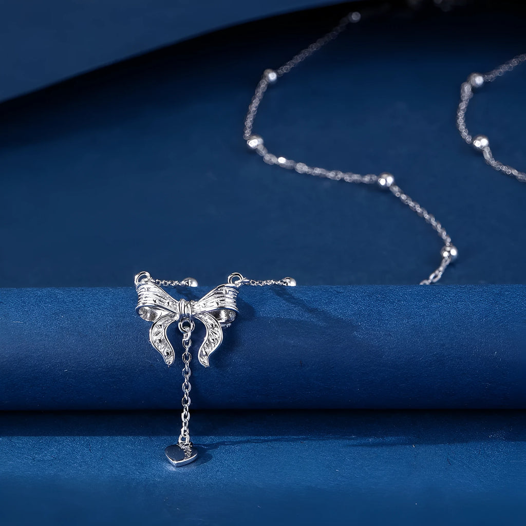 S925 pure silver butterfly heart pendant on adjustable O-ring chain necklace