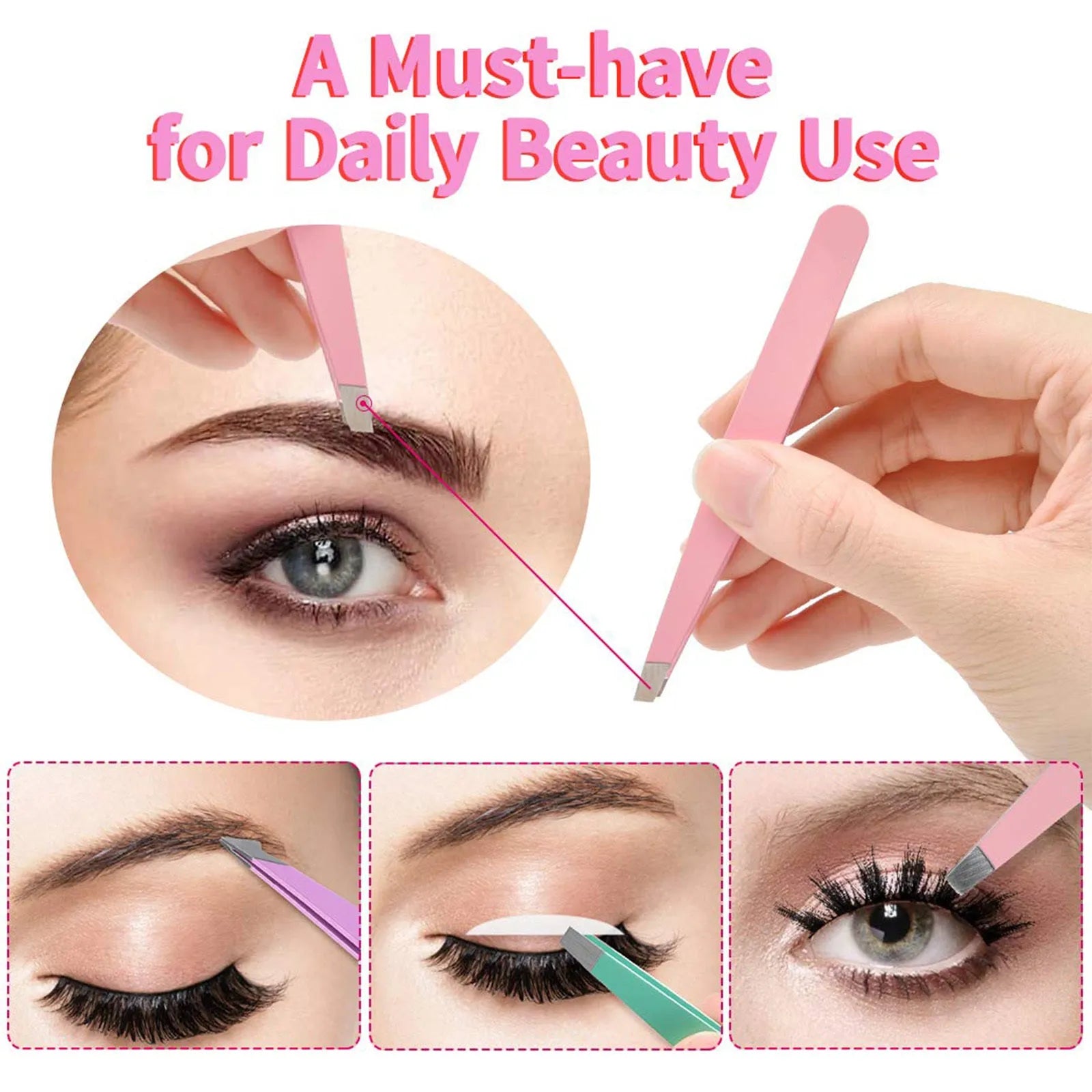 Professional stainless steel eyebrow tweezers, curved scissor, brush, and leather case in a 6-piece grooming set.
