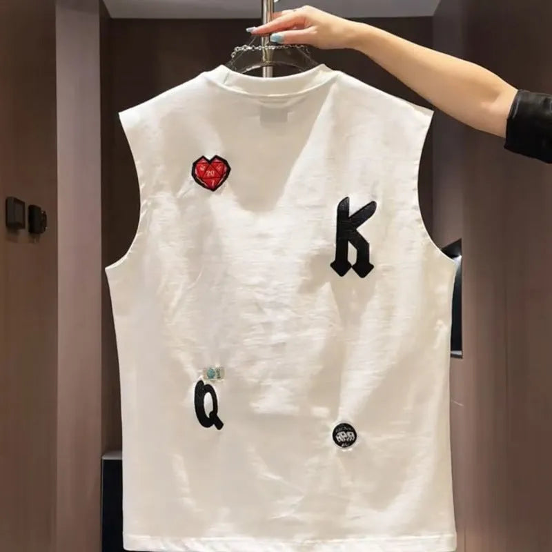 Men's white cotton sleeveless vest with cartoon chest print in loose fit