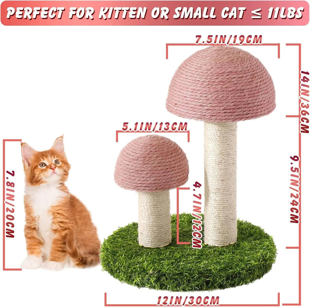 Pink mushroom-shaped cat scratching post with natural sisal caps and pole for small cats