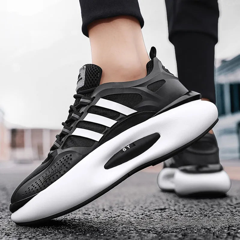 Men's white mesh breathable running sneakers with rubber sole and front lacing