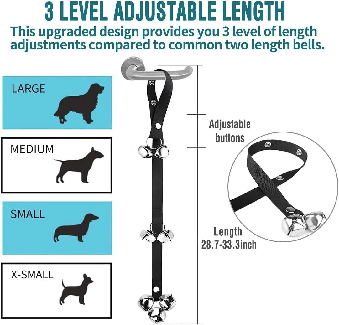 Set of six silver metal dog training bells on an adjustable black nylon leash hung on a door