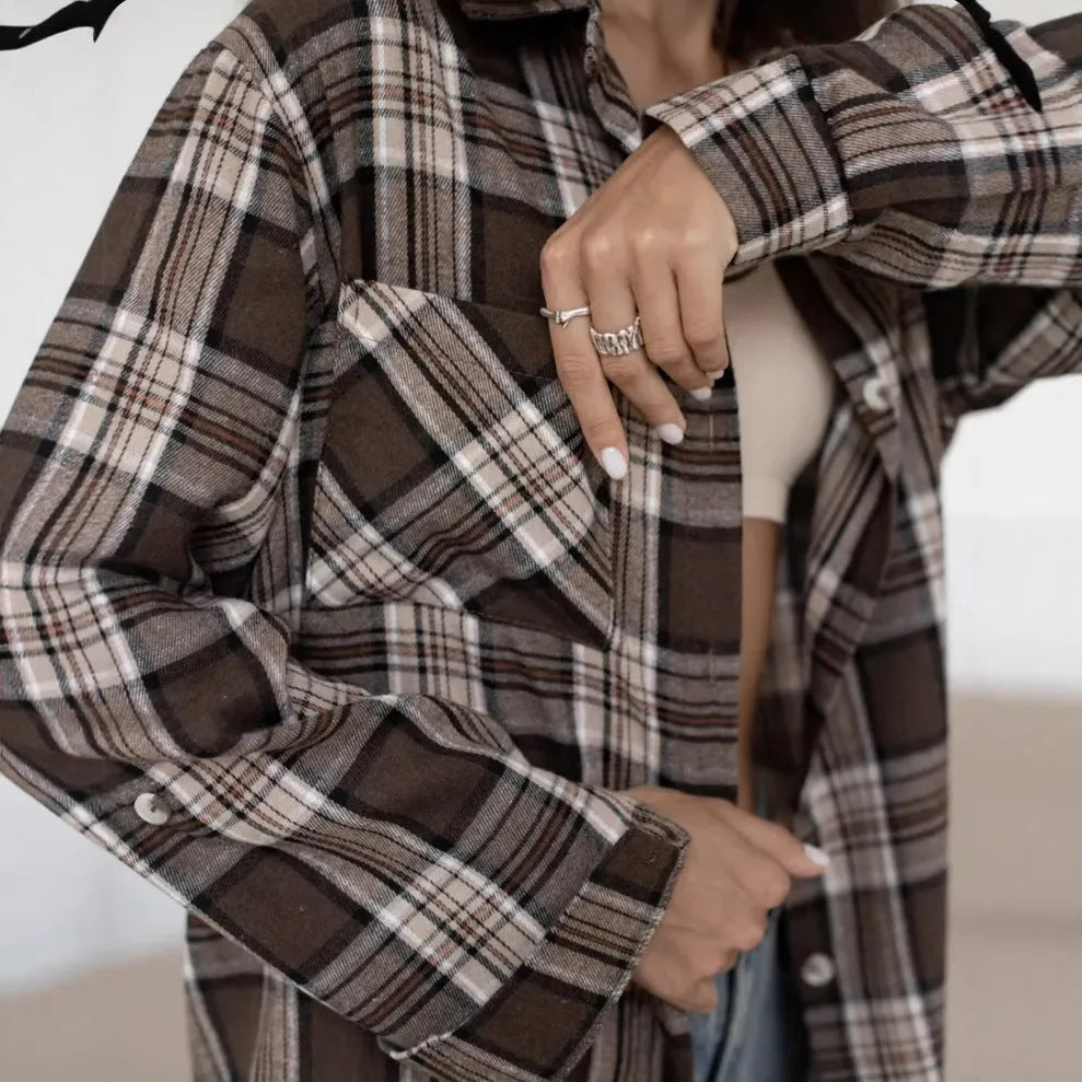 Women's dark brown striped cotton shirt with retro styling and regular sleeves