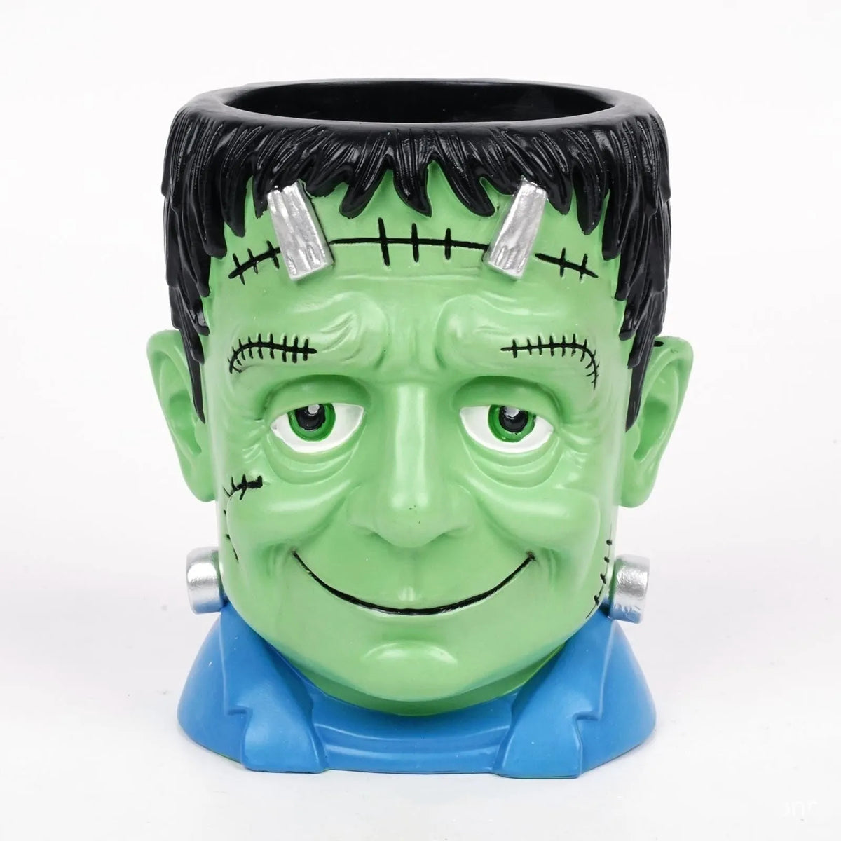 Four hand-painted Halloween cartoon resin flower pots showing bandage zombie, white ghost, Frankenstein, and death designs.