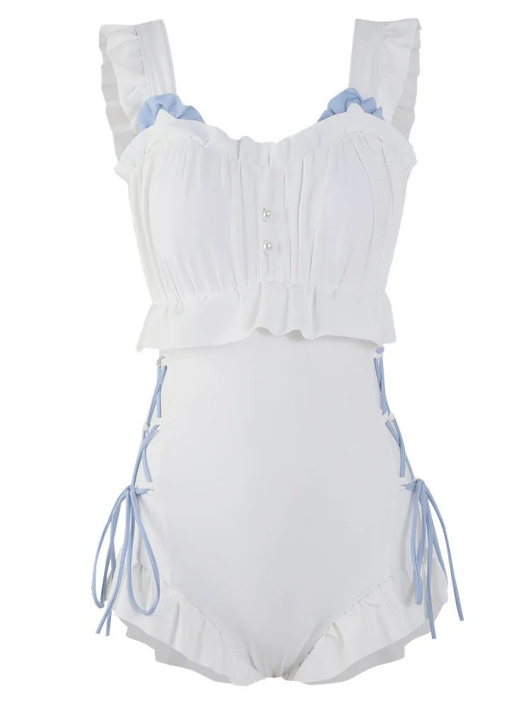 Milky White backless one-piece swimsuit for women on a neutral background.