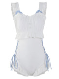 Milky White backless one-piece swimsuit for women on a neutral background.