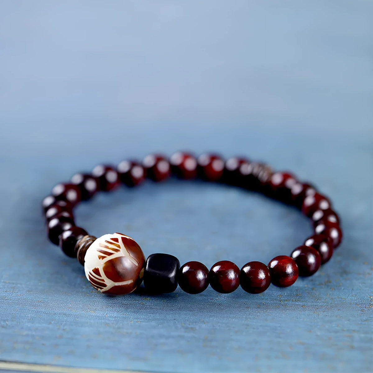 Natural rosewood floral bracelet with knitted construction and 6mm beads in double-ring or single-circle pattern