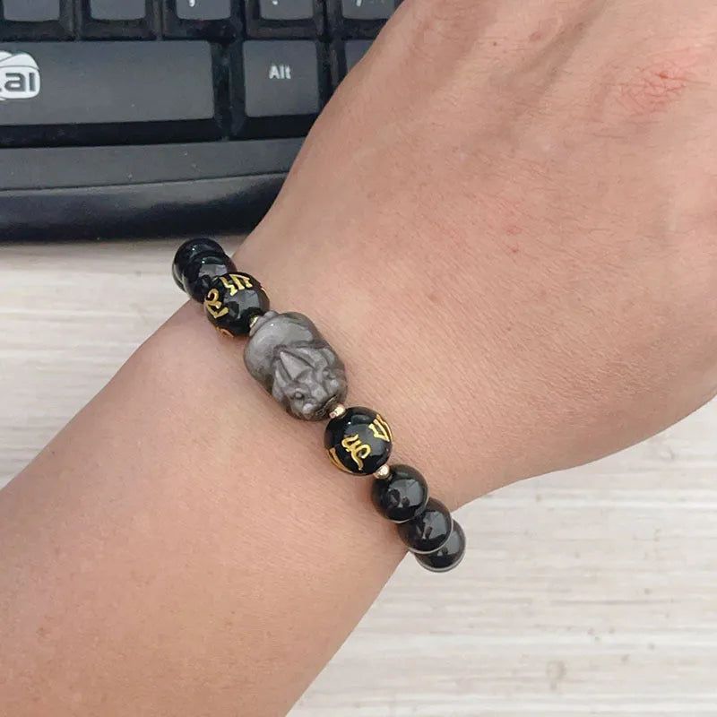 Men's silverstone beaded bracelet with Chinese zodiac motifs and engraved proverbs on adjustable 20cm band