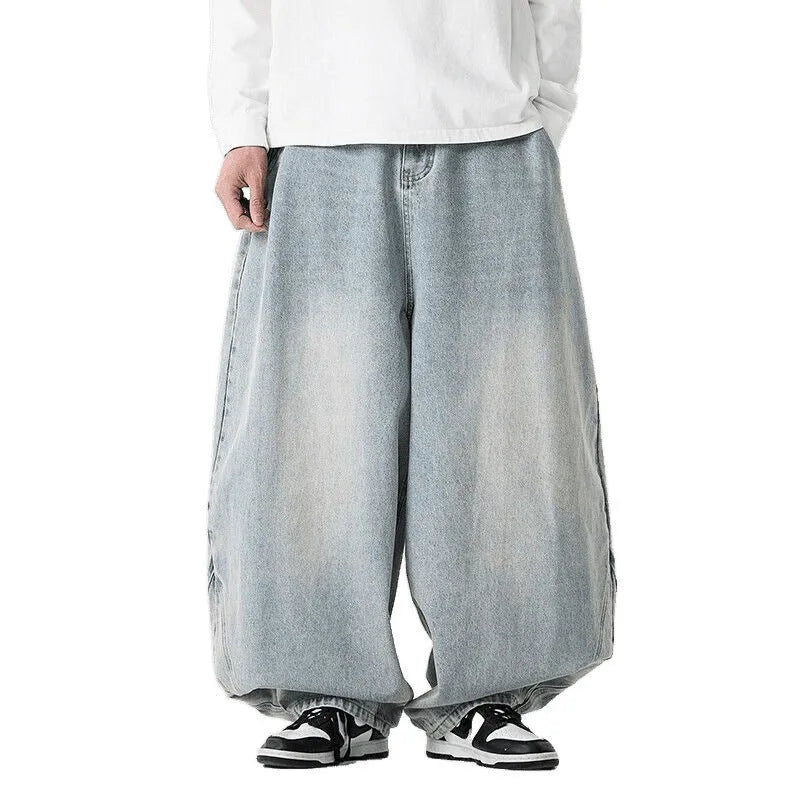 Men's plus size baggy jeans in light blue, dark blue, and black with wide leg straight cut design