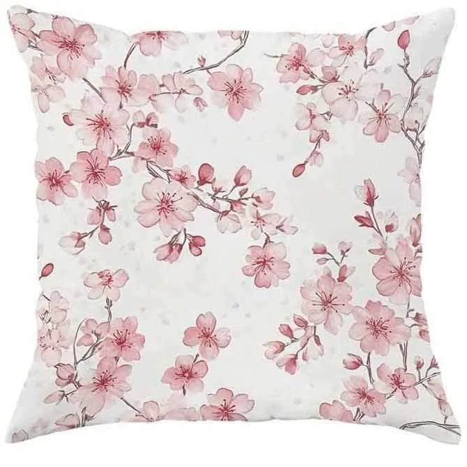 45cm square short velvet cushion cover with printed cherry blossom and letter design.