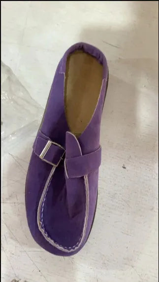 Frosted suede round head flat slippers with belt buckle detail, foam sole, in apricot colour