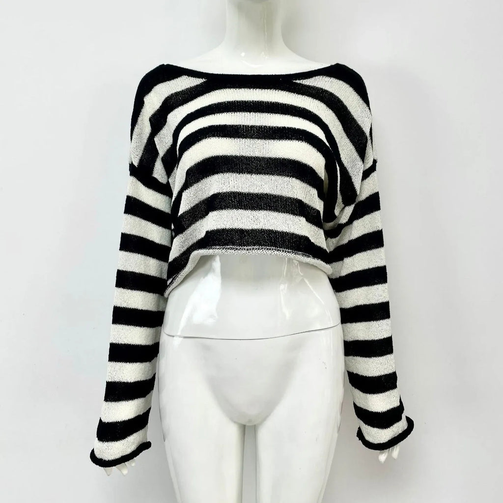 Long-sleeved striped pullover sweater in mercerised cotton shown in multiple colours.