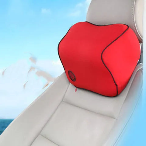 Memory foam car headrest and lumbar support set with polyester cover, shown in beige, black, grey, and red options.
