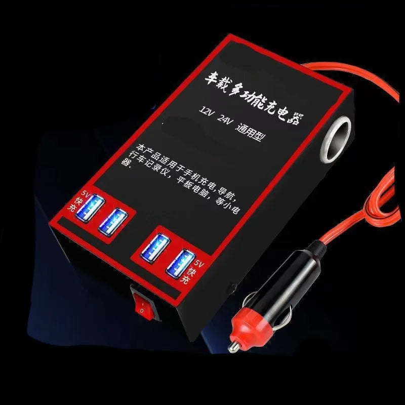 Black automotive power converter transforming 12V 24V car power to 220V with socket and USB charging ports