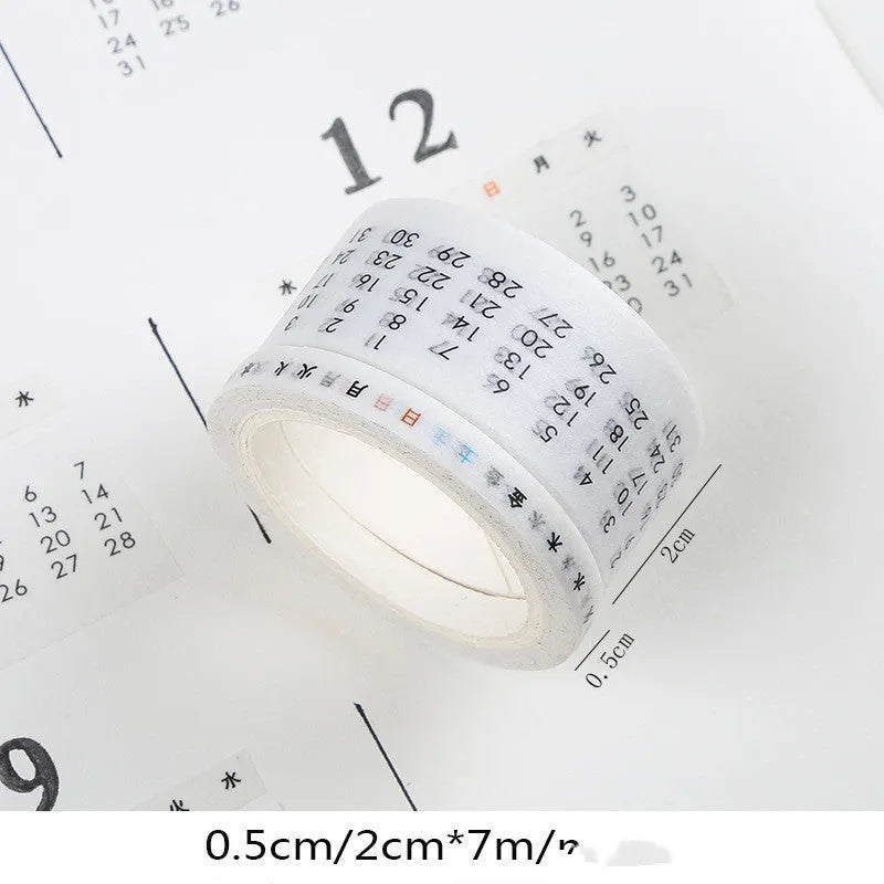 Two rolls of digital hand account tape, each 2cm wide and 7m long, one for perpetual calendar dates and one for weekly planning