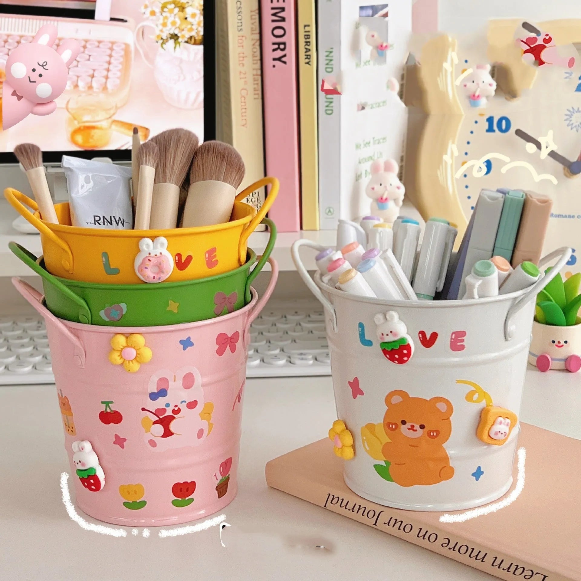 Round metal desktop pen holder in a choice of ten colours and decorative sticker patch designs.