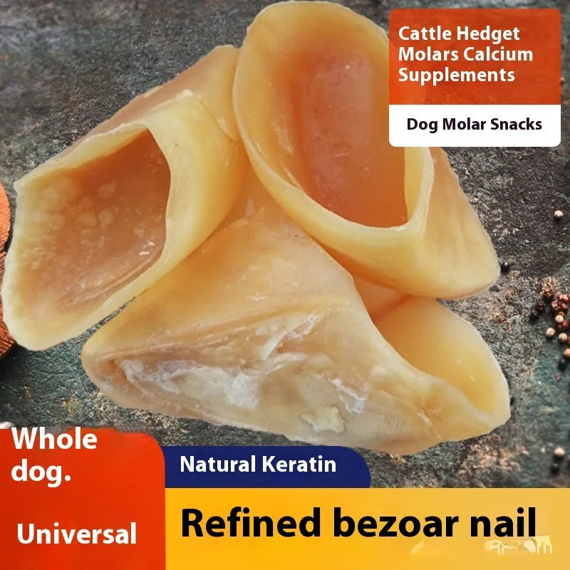 Natural cowhide dog chew toy with hoof shell appearance, shown in two size options for different dog breeds