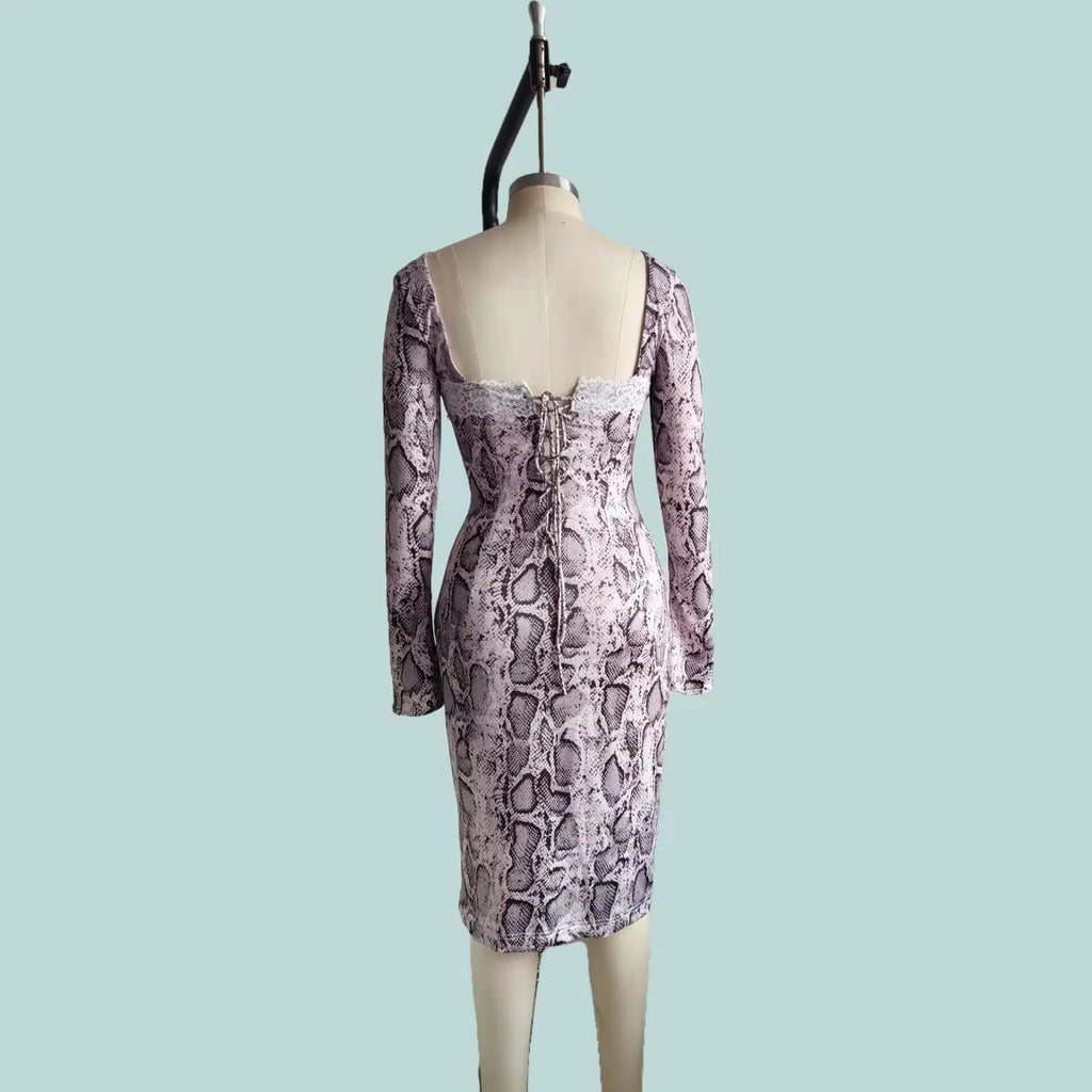 Grey women's slim fit digital printed lace dress with A-line skirt and long sleeves