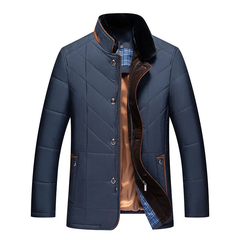 Men's dark blue polyester winter coat with side seam pockets on a hanger
