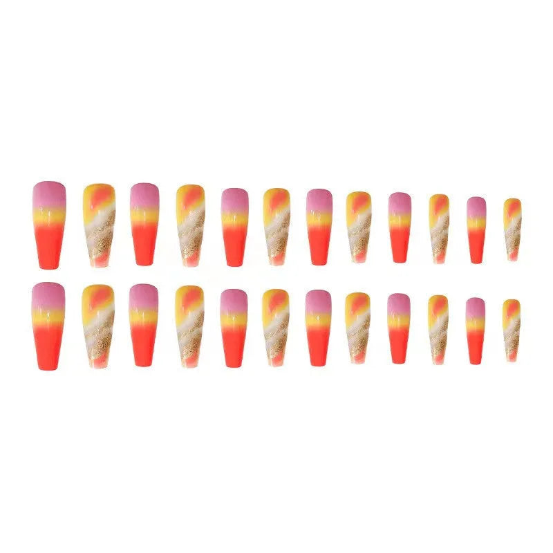 Rainbow gradient marble long pointed fake nails with glue, 24 pieces