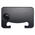 Large black car steering wheel laptop and dining tray table with foldable cup holder, shown on a steering wheel.