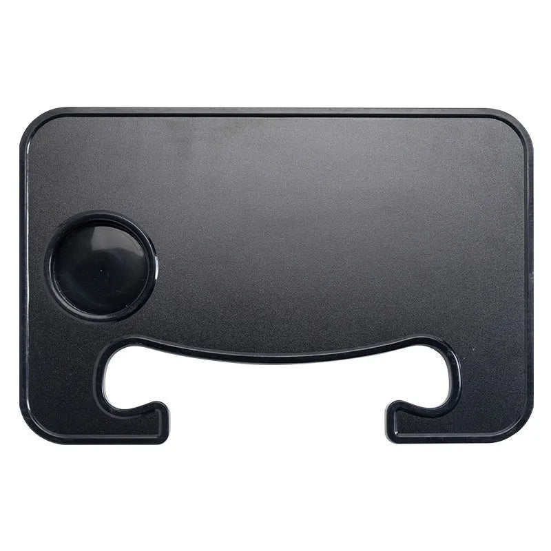 Large black car steering wheel laptop and dining tray table with foldable cup holder, shown on a steering wheel.