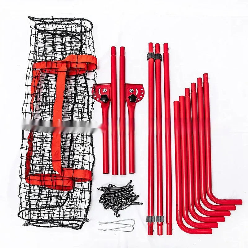 Red portable baseball training net with adjustable 4x6 foot metal frame folded to 95x16x14.5cm