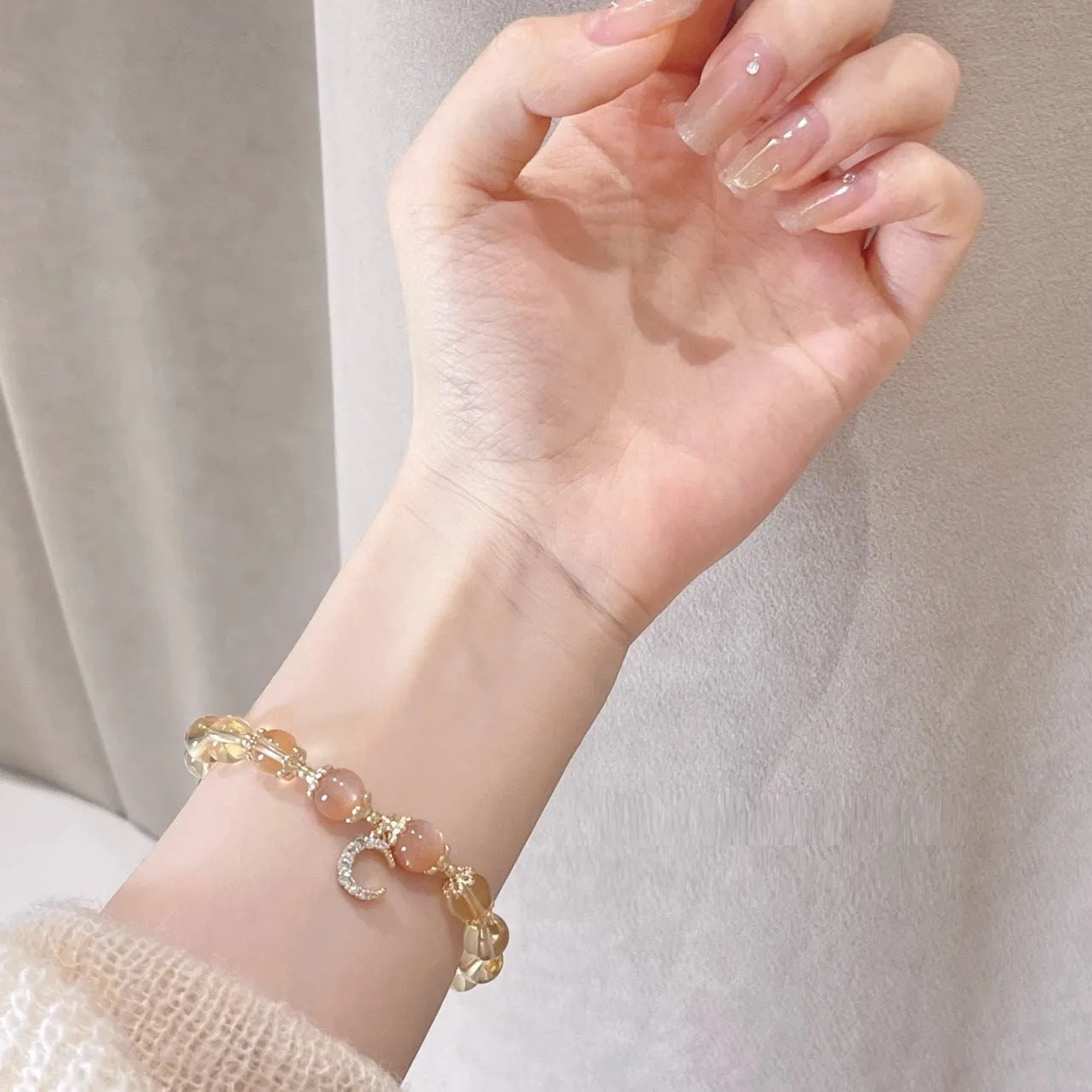 Chinese-style women's crystal bracelet with 14K gold electroplating and diamond-shaped citrine moon design