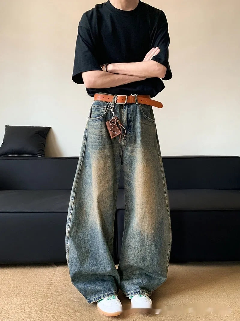Men's retro blue distressed denim wide-leg pants with micro-elastic fabric