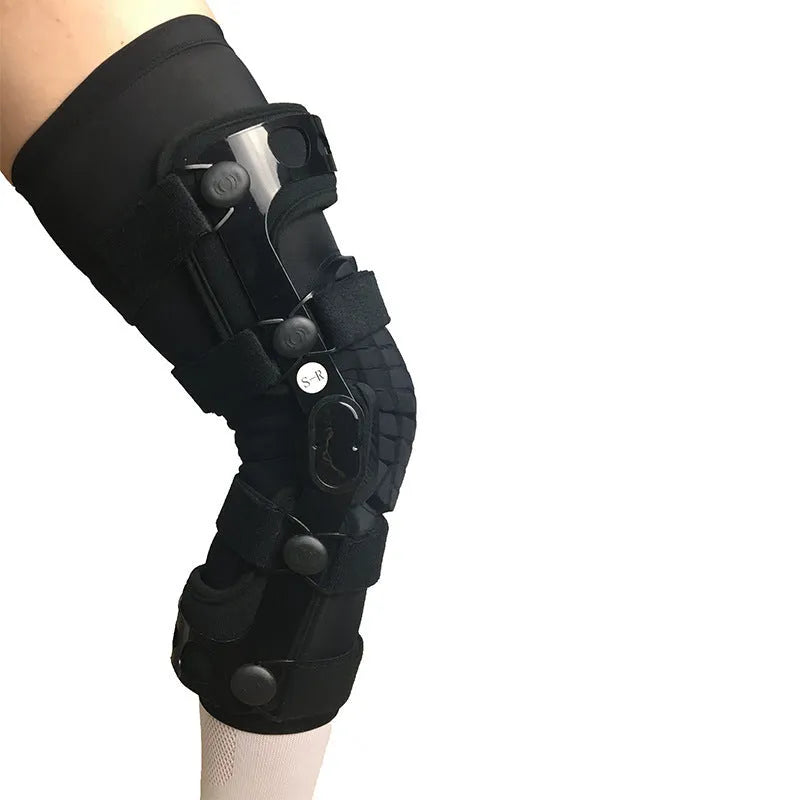 Black knee support brace with visible side splints, shown in left and right leg variants.
