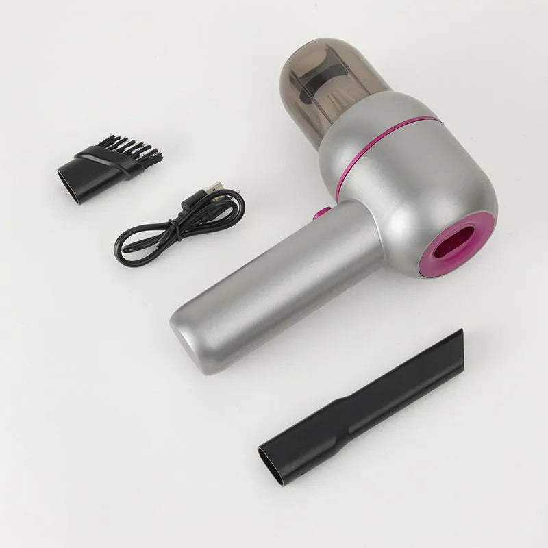 Grey handheld portable car cleaner with brush nozzle and extension tube for vehicle interior cleaning