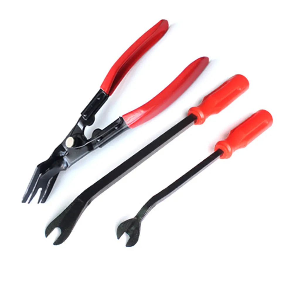 Red steel handle automotive door panel clip driver tool for General Motors vehicles