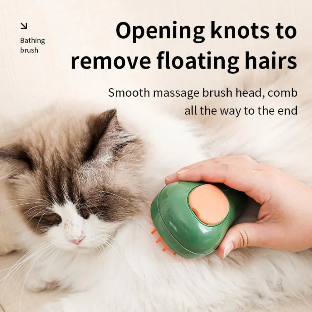 Green and white rechargeable cat steam brush with silicone teeth for grooming and massage.