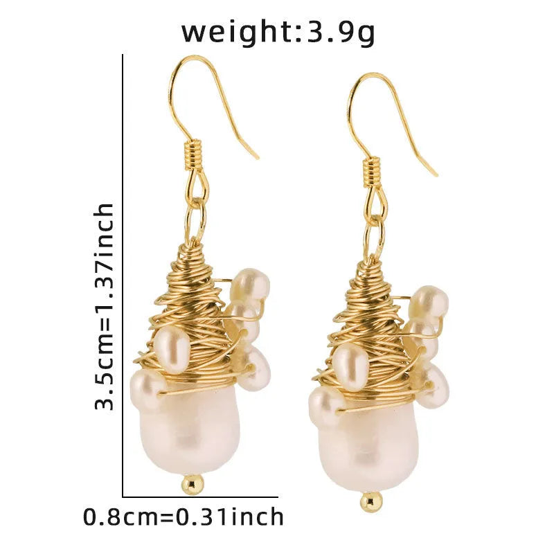 Handmade natural pearl embellished wire-wrapped earrings in geometric round shape for women