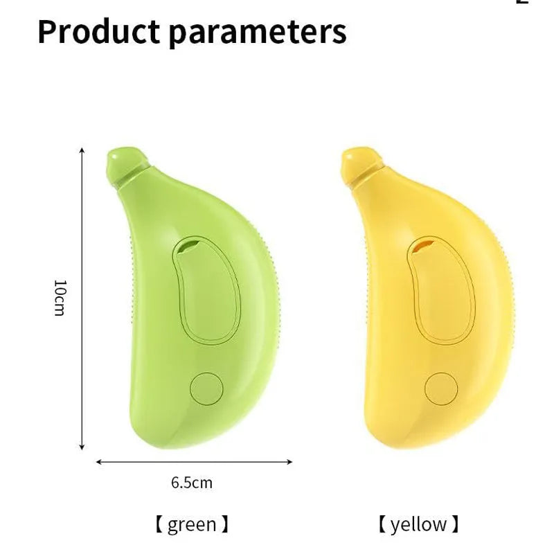 Green rechargeable cat steam brush with silicone teeth showing three grooming functions