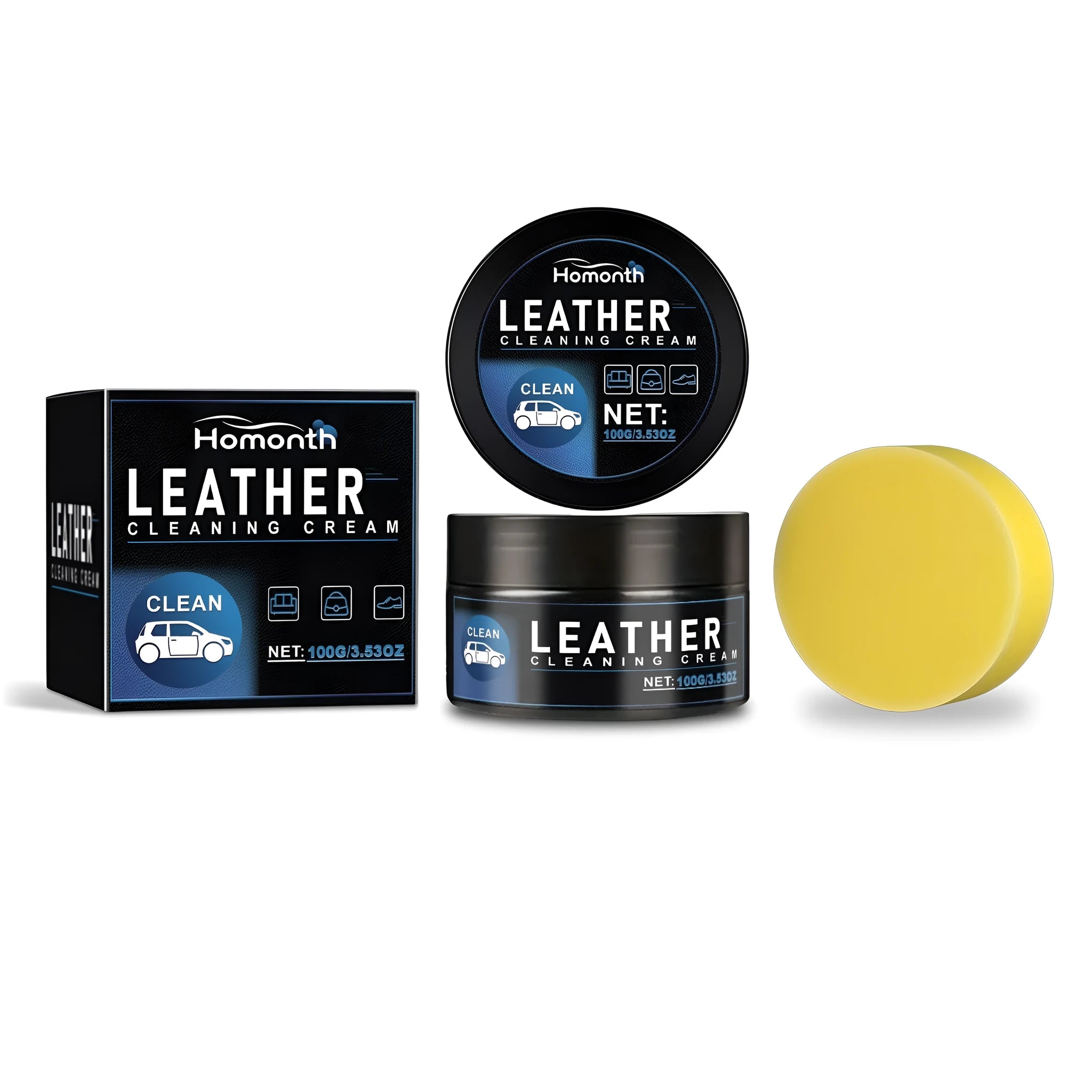 HOMONTH 100g car leather care cream with sponge applicator on a white background