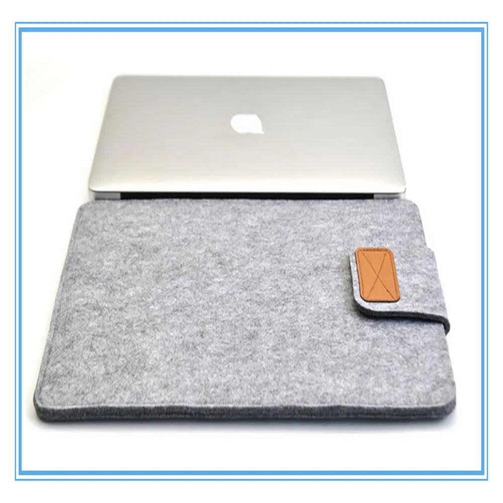 Clamshell laptop bag in khaki, light grey, or dark grey with a woven plush texture and corner protector.