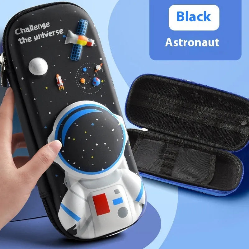3D leather pencil case with zipper closure showing character design options including astronauts, unicorns, and mermaids