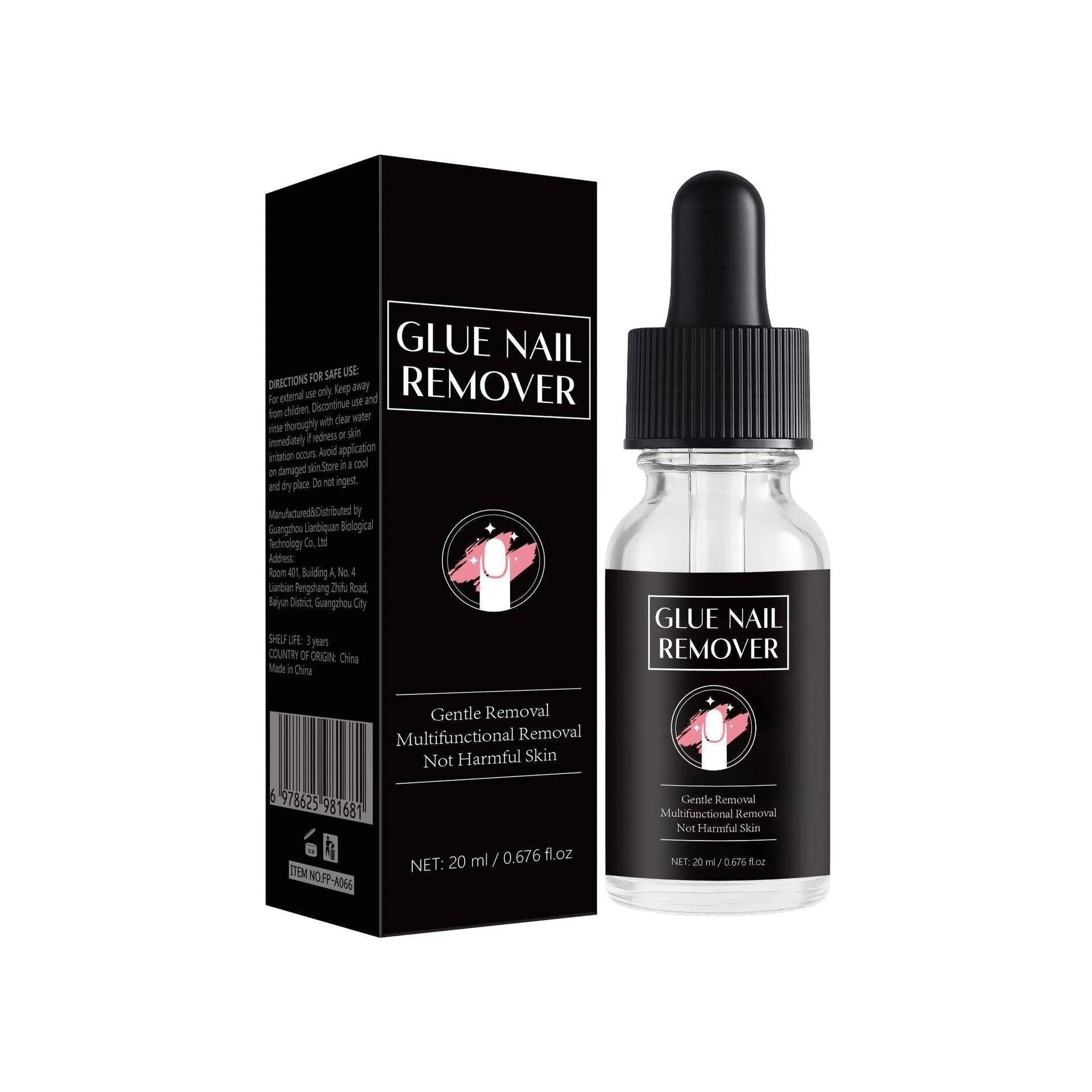 Nail glue remover appliance bottle with 20ml capacity for false nail and acrylic removal.